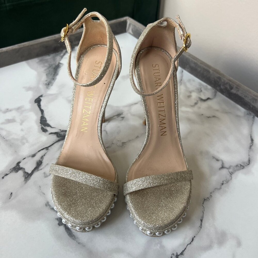 Stuart Weitzman Nudist Disco Pearl Gold Glitter Heels - Picture 3 of 9